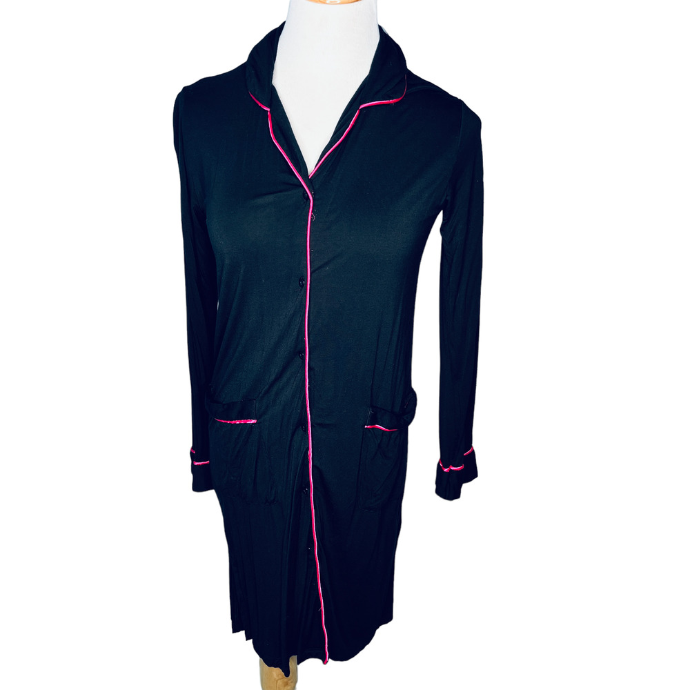 Ekouaer Black and Pink Lightweight Button Down Robe New S